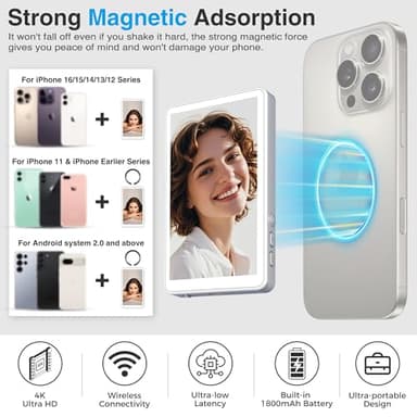 NoteBuddy Selfie Monitor Screen Phone- Magnetic Phone Vlog Back Camera Selfie Monitor - 1080P Display can Wirelessly Connect to Mobile Phones - Selfie Screen Compatible with iPhone & Android (White) - Image 4