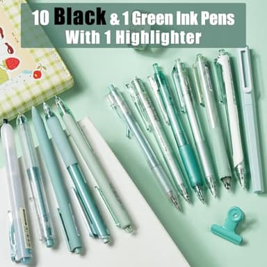 Four Candies Forest Series Gel Pens, Black & Green Ink Fine Point Smooth Writing Pens and Highlighter Set, Teal Office Supplies Back to School Stationery, Set of 12 - Image 2