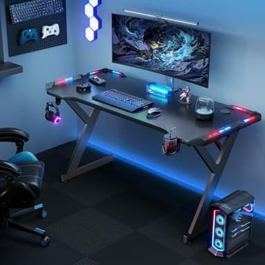 HLDIRECT 55 Inch Gaming Desk with LED Lights, Ergonomic Computer Gaming Table with Carbon Fibre Surface, Sturdy PC Workstation Desk for Home Office with Headphone Hook, Cup Holder, Black - Image 6