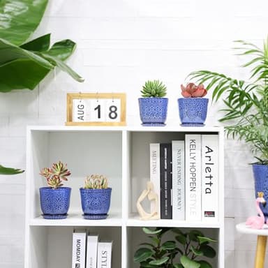 Gepege Succulent Pots, 4 Inch Small Indoor Ceramic Planter Pot with Drainage Holes and Saucers for Plants- Blue - Set of 4 - Image 4