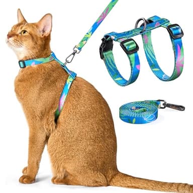 Cat Harness and Leash Set - Escape Proof Adjustable Cat Harness, Comfortable Soft Lightweight, Use Safe & Easy, Walking Travel Kitten Harness for Small Medium Large Cats (Hawaii Green) - Image 1
