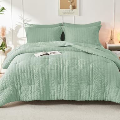 HYMOKEGE Sage Green Queen Comforter Set Seersucker 7 Pieces, All Season Luxury Bed in a Bag for Bedroom, Bedding Set with Comforters, Sheets, Pillowcases & Shams - Image 9
