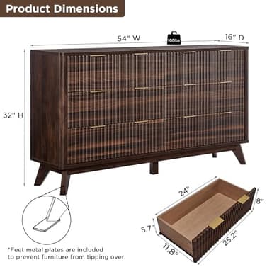 T4TREAM Fluted 6 Drawers Dresser, 54" Wide Modern Chest of Drawers, Curved Profile Design, Dresser TV Stand, Wood Drawer Organizer for Bedroom, Living Room, Hallway, Dark Walnut - Image 2