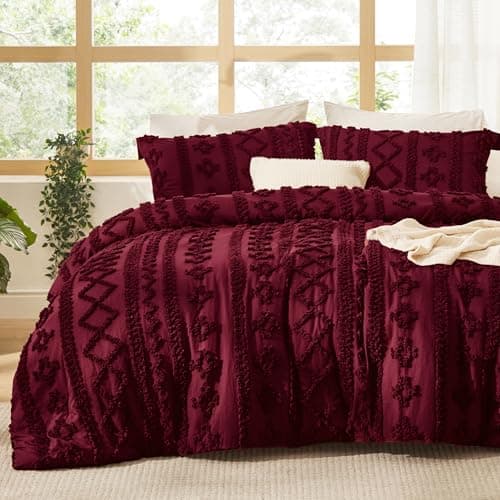 Bedsure Tufted Boho Comforter Set Full Size - Dark Red Boho Bed Set, GentleSoft™ 3 Pieces Farmhouse Shabby Chic Embroidery Bedding, Gifts for Woman, Soft Jacquard Full Comforter for All Seasons - Image 1