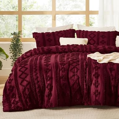 Bedsure Tufted Boho Comforter Set Full Size - Dark Red Boho Bed Set, GentleSoft™ 3 Pieces Farmhouse Shabby Chic Embroidery Bedding, Gifts for Woman, Soft Jacquard Full Comforter for All Seasons - Image 1