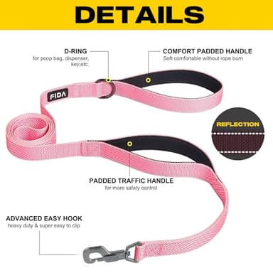 Fida 5 FT Heavy Duty Dog Leash with 2 Comfortable Padded Handles, Traffic Handle & Advanced Easy Snap Hook, Reflective Walking Lead for Large, Medium & Small Breed Dogs, Pink - Image 2