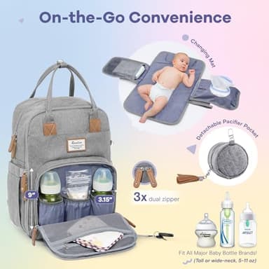 RUVALINO Diaper Bag Backpack, Multifunction Travel Pack Maternity Baby Changing Bags, Large Capacity, Waterproof, Gray - Image 4