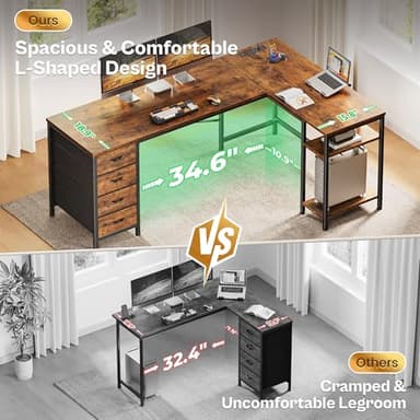 Huuger 63 Inch L Shaped Desk with Fabric Drawers, Computer Office Desk with Power Outlets and USB-C Port, Corner Desk with Storage Shelves, for Gaming Work Study Home Office, Reversible, Rustic Brown - Image 4