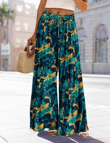 YESNO Women Summer Boho Palazzo Pants High Waist Wide Leg Floral Casual Cotton Lounge Trousers with Pockets XL PP0 CR438 - Image 5
