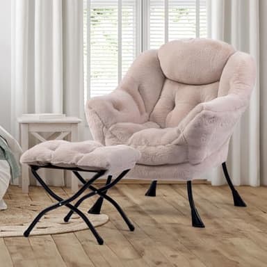 HollyHOME Lazy Chair with Foldable Ottoman, Accent Comfy Lounge Armchair and Folding Footrest Stool, Leisure Sofa Reading Chair and Footstool for Living Room, Bedroom, Dorm,Faux Fur Light Camele - Image 2