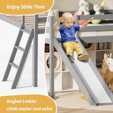 TOLEAD Low Loft Bed with Slide, Wood Twin Loft Bed Frame with Climbing Ladder & Storage Space for Kids Toddler (Grey) - Image 6
