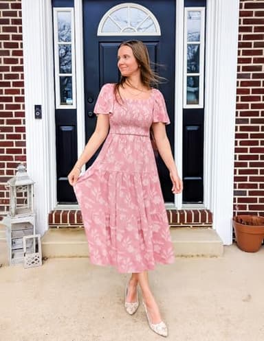 ZESICA Women's Summer Boho Floral Midi Dresses 2025 Casual Short Sleeve Square Neck Flowy Beach Vacation Long Dress,Pink,X-Large - Image 5
