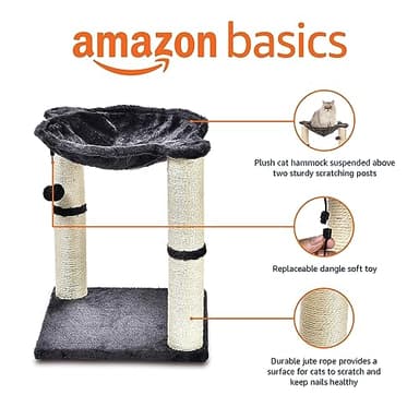 Amazon Basics Cat Condo Tower with Hammock Bed and Scratching Post,Easy to Assemble,Plush Hammock,Interactive Hanging Ball, Durable Sisal Scratch Posts for Indoor Cats, 15.8 x 15.8 x 19.7 Inches, Gray - Image 2