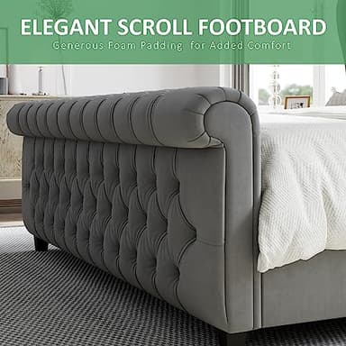 AMERLIFE Queen Size Platform Bed Frame, Velvet Upholstered Sleigh Bed with Scroll Wingback Headboard & Footboard/Button Tufted/No Box Spring Required/Grey - Image 5