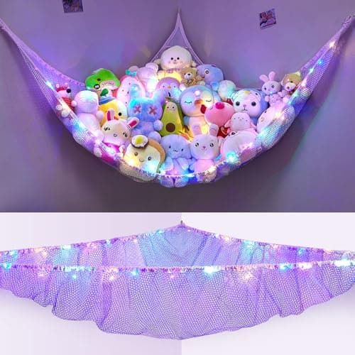 Unicorn Castle Stuffed Animals Net or Hammock Kids Toy Storage Organizer with LED Light Hanging Corner Stuffed Animals Holder Kids Girls Room Decor (Pack of 1) - Image 1