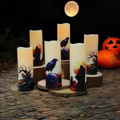 Halloween Flameless LED Candles, Set of 6, Gothic Design with Remote Control, 6 in x 2.15 in, 2AA Battery Operated 400+ Hours, Timer Function, Halloween Decorations in Fall, Indoor/Outdoor Ues. - Image 9