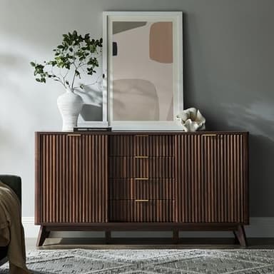 T4TREAM 60" Fluted Dresser with Sliding Doors and 4 Drawers, Modern Chest, Curved Profile Design, Dresser TV Stand, Wood Drawer Organizer for Bedroom, Living Room, Dark Walnut - Image 3