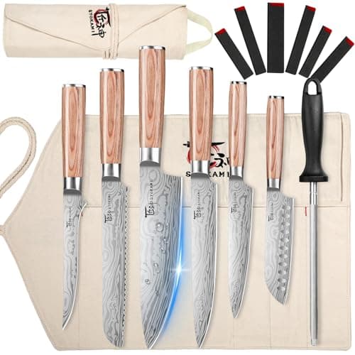 SYOKAMI 14pcs Chef Knife Set with Roll Bag, Professional Stainless Steel Japanese Knife Set with Pakkawood Handle for Professional Chef, Camping, Travel, BBQ, RV or Gift Beige - Image 1