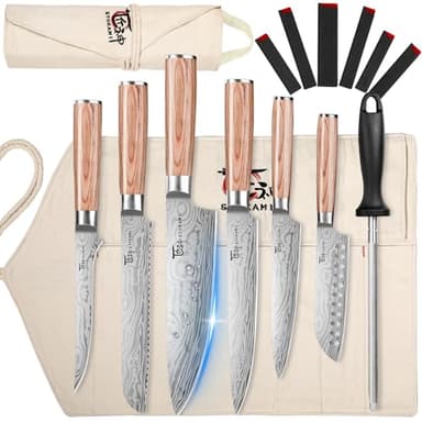 SYOKAMI 14pcs Chef Knife Set with Roll Bag, Professional Stainless Steel Japanese Knife Set with Pakkawood Handle for Professional Chef, Camping, Travel, BBQ, RV or Gift Beige - Image 1