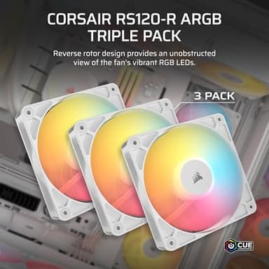 Corsair RS120-R ARGB 120mm PWM ARGB Reverse Fans – Reverse Rotor, +5V ARGB Connections, Eight RGB LEDs, High Static Pressure, Daisy-Chain, Magnetic Dome Bearing, Zero RPM Mode – Triple Pack – White - Image 2
