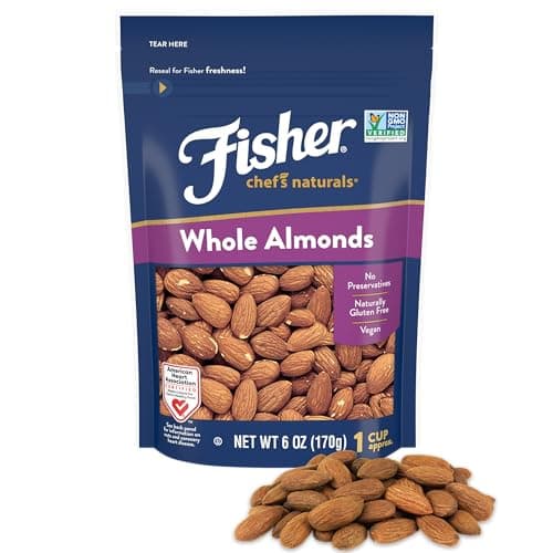 Fisher Chef’s Naturals Whole Almonds, 6 oz Resealable Bag, Unsalted Raw Nuts for Baking & Cooking, Healthy Snacks for Adults, Vegan Protein, Keto Snack, Gluten Free - Image 1