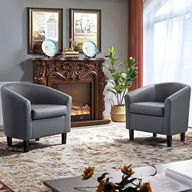 Yaheetech Barrel Chairs, Faux Leather Chairs, Modern Leather Club Chairs Comfy Gray Accent Chairs with Sturdy Wood Legs for Living Room/Bedroom/Reading Room/Waiting Room, Gray, Set of 2 - Image 2