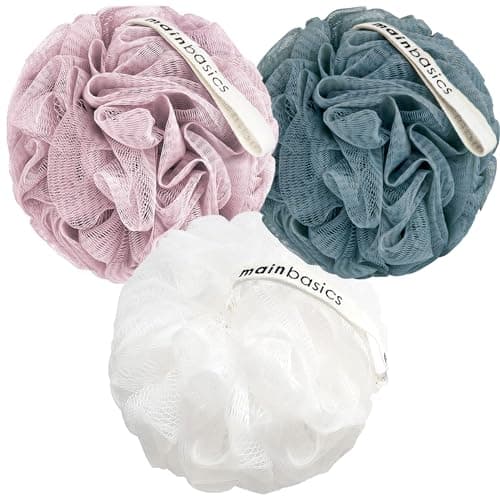 MainBasics Bath Shower Loofah Sponge Pouf Body Scrubber Exfoliator Body Wash Sponge (Set of 3, Airy Blossom) - Image 1