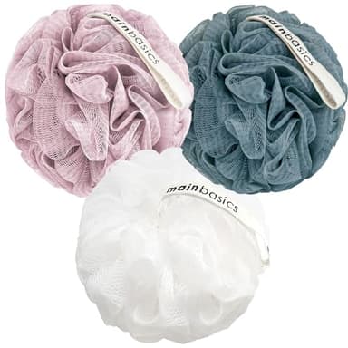 MainBasics Bath Shower Loofah Sponge Pouf Body Scrubber Exfoliator Body Wash Sponge (Set of 3, Airy Blossom) - Image 1