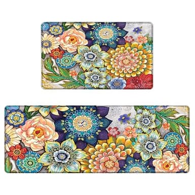 Tubeamin Boho Floral Kitchen Rugs Mats for Floor 2 Piece Memory Foam Padded Kitchen Mats Anti Fatigue Non Slip Cushioned Comfort Standing Mat, 17.3x28+17.3x47 Inch - Image 1