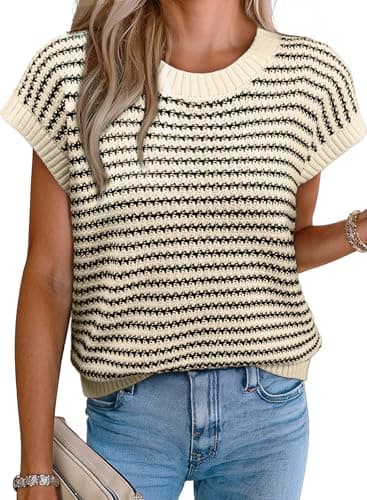EVALESS Women's Casual Striped Round Neck Sweater Vest Drop Shoulder Short Sleeve Loose Fit Knitted Plus Size Pullover Tops Apricot Small - Image 1