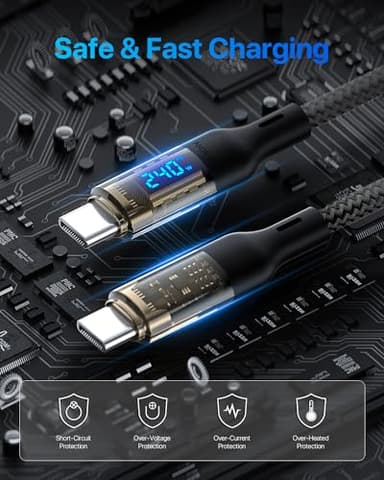 SOOPII 240W USB C to USB C Cable[4ft 2-Pack],Fast Charging USB C Cable with LED Display for Galaxy S23+/S23Ultra/S22Ultra,MacBook Pro,lPhone16/15/15Pro/15ProMax,etc,Transparent Shell,(Black) - Image 5