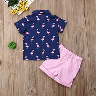 VISGOGO Toddler Baby Boy Flamingo Short Sleeve Button Down Shirt & Casual Shorts Set Summer Outfits 1-6 Years Clothes - Image 3