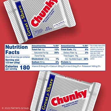Chunky, Milk Chocolate with Freshly Roasted Peanuts and Chewy Raisins, Individually Wrapped Candy Bar, Share Pack 2.5.oz each, Bulk 24 Pack - Image 2