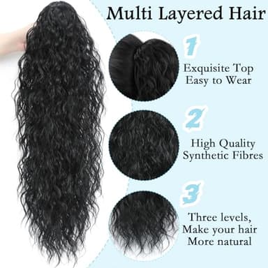 Ponytail Extension, Claw Clip on Pony tails Hair Extension for Women 28 Inch Long Wavy Curly Fake Ponytail Clip in Hair Pieces for Women Fluffy Natural Looking (Black, 28 Inch) - Image 2