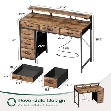 Huuger Gaming Desk with 6 Drawers, Computer Desk with LED Lights Power Outlets and Type-C, 39 Inch Office Desk with Storage, Monitor Stand, Writing Desk Work Desk Home Office, Study, Rustic Brown - Image 3