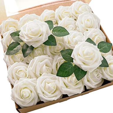Floroom Artificial Flowers 25pcs Real Looking Ivory Foam Fake Roses with Stems for DIY Wedding Bouquets White Bridal Shower Centerpieces Arrangements Party Tables Decorations - Image 1