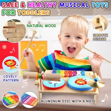 DIFFYBOX Kids Drum Set, Baby Musical Instruments Toys for Toddlers, 7 in 1 Wooden Xylophone Toddler Drum Set Percussion Instruments Musical Toys Birthday Gifts for Children Boys and Girls - Image 3
