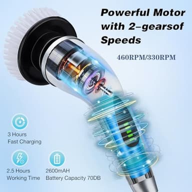 Electric Spin Scrubber,Cleaning Brush with 9 Replaceable Brush Heads and 1 Rubber Squeegee Broom,3 Adjustable Size, 2 Speeds for Bathroom Shower Bathtub Glass Car - Image 3