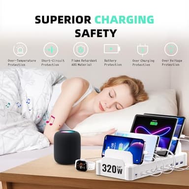 320W Charging Station for Multiple Devices, Zobirez 10-Port USB C Fast Charger Stations for MacBook, iPhone, Android Cell Phone, iPad, Tablet, Family Multi-Device Organizer Charging Dock, White - Image 6
