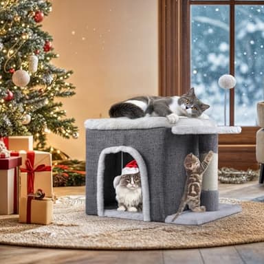 YITAHOME Cat Bed for Indoor Cats Cube House, Covered Cat House with Fluffy Ball Hanging and Nature Sisal Post,Cat Cave Bed Playhouse, Cute Cat Condo for Multi Small Pet Kitten, Grey - Image 6