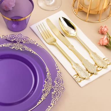 Bestluck 350PCS Clear Purple Plastic Plates for 50 Guests, Disposable Plates with Gold Trim include 50 Dinner Plates, 50 Dessert Plates, 150 Gold Silverware, 50 Cups, 50 Napkins for Party, Wedding - Image 4