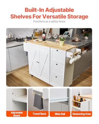 VEVOR Kitchen Island Cart, 45.3x39 inch Rolling Kitchen Table, Mobile Carts with Storage Cabinet and Solid Wood Top, Portable Islands with Wheels, Spice Rack, Towel Rack, Drop Leaf and Drawer, White - Image 5