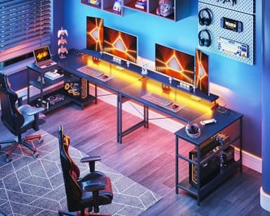 ODK 58 Inch Gaming Desk with USB Charging Ports and LED Lights, Reversible L Shaped Computer Desk with Storage Shelves & Monitor Stand, Corner Gamer Desk Table with Power Outlets, Black - Image 2