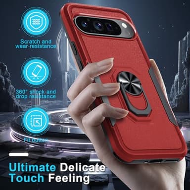 Janmitta for Google Pixel 9 Pro XL Case with Screen Protector+Camera Lens Protector,Heavy Duty Shockproof Full Body Phone Cover Built in Metal Ring Holder Kickstand,2024 Red - Image 6