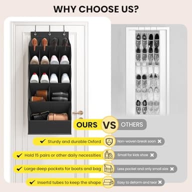 Mefirt Over the Door Shoe Organizer for Closet, Shoes Rack for Closet with 15 Large Pockets, Hanging Shoe Organizers for Boot Storage, Behind the Door Narrow Shoe Holder for Small Shoes, Black - Image 7