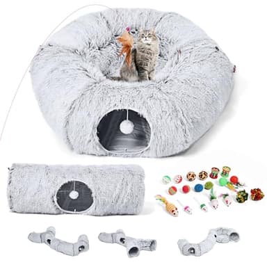 Odoland Cat Tunnels Bed with 1 Straight Tunnel and 20 Pet Toys - 5 Shapes DIY Indoor Cats Cave - Detachable Soft Cat Donut Tunnelset for Kitten Puppy Rabbit Ferret - Image 1