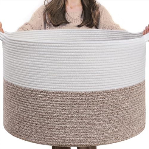 INDRESSME XXXLarge Cotton Rope Basket 21.7" x 21.7" x 13.8" Woven Baby Laundry Blanket Basket Toy Baskets with Handle Storage Comforter Cushions Thread Laundry Hamper Home Decor Living Room - Image 1