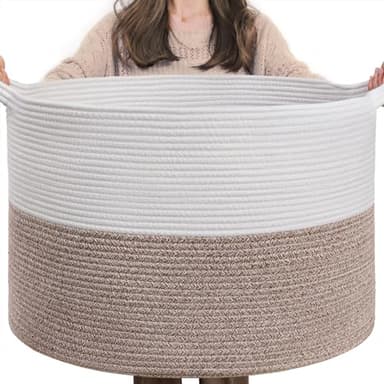 INDRESSME XXXLarge Cotton Rope Basket 21.7" x 21.7" x 13.8" Woven Baby Laundry Blanket Basket Toy Baskets with Handle Storage Comforter Cushions Thread Laundry Hamper Home Decor Living Room - Image 1