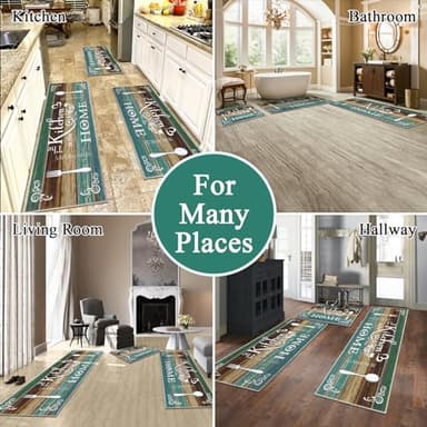 Vaukki Boho Kitchen Rug Sets 3 Pieces, Washable Kitchen Mats for Floor, Non Slip Soft Kitchen Area Rug Floor Mat for Kitchen, Laundry Room and Hallway (Teal, 20''x32''+20''x47''+20''x59'') - Image 3