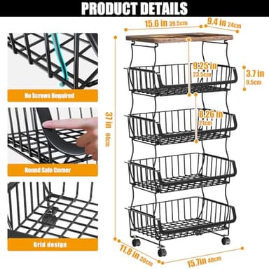 Gsiekare Fruit Vegetable Basket for Kitchen, 5 Tier Stackable Fruit Vegetable Storage Baskets with Wheels, Metal Wire Storage Basket Organizer Baskets for Kitchen, Pantry, Bathroom - Image 4